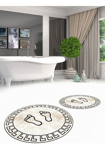 Dijital Baskılı Yıkanabilir Çerçeveli Ayak Izi Desenli Ikili Yuvarlak Banyo Halısı, Klozet-19-Kahve, indirimleri