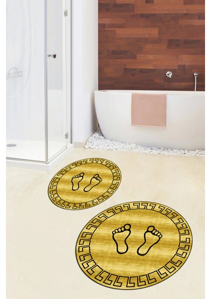 Dijital Baskılı Yıkanabilir Çerçeveli Ayak Izi Desenli Ikili Yuvarlak Banyo Halısı, Klozet-19-Sarı,