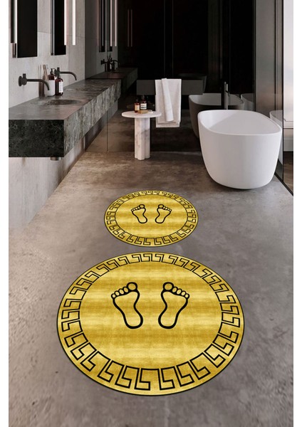 Dijital Baskılı Yıkanabilir Çerçeveli Ayak Izi Desenli Ikili Yuvarlak Banyo Halısı, Klozet-19-Sarı,