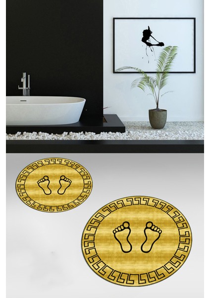Dijital Baskılı Yıkanabilir Çerçeveli Ayak Izi Desenli Ikili Yuvarlak Banyo Halısı, Klozet-19-Sarı,