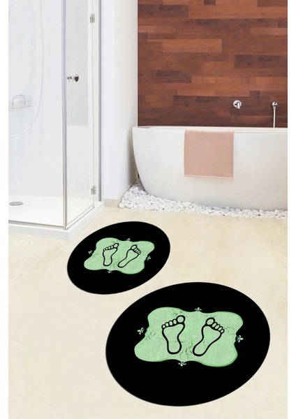 Dijital Baskılı Yıkanabilir Modern Ayak Izi Desenli Ikili Yuvarlak Banyo Halısı, Klozet-20-Yeşil,