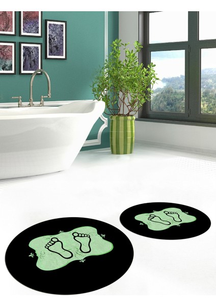 Dijital Baskılı Yıkanabilir Modern Ayak Izi Desenli Ikili Yuvarlak Banyo Halısı, Klozet-20-Yeşil, fiyatları