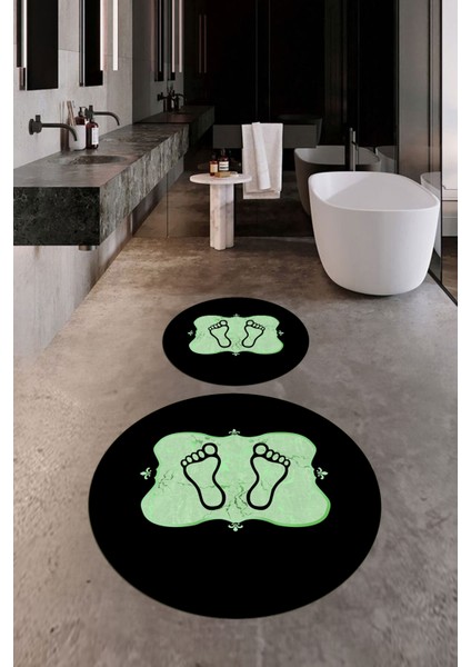 Dijital Baskılı Yıkanabilir Modern Ayak Izi Desenli Ikili Yuvarlak Banyo Halısı, Klozet-20-Yeşil, modelleri