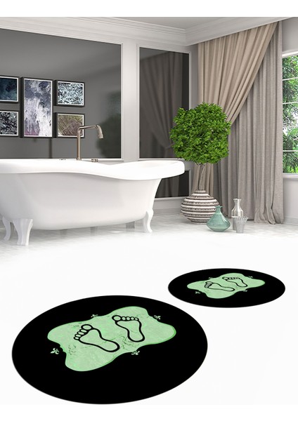 Dijital Baskılı Yıkanabilir Modern Ayak Izi Desenli Ikili Yuvarlak Banyo Halısı, Klozet-20-Yeşil, indirimleri