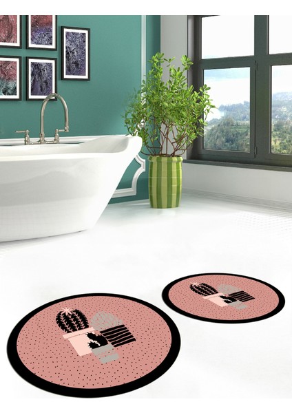 Dijital Baskılı Yıkanabilir Kaktüs Çiçek Desenli Ikili Yuvarlak Banyo Halısı, Klozet-22-Pembe,