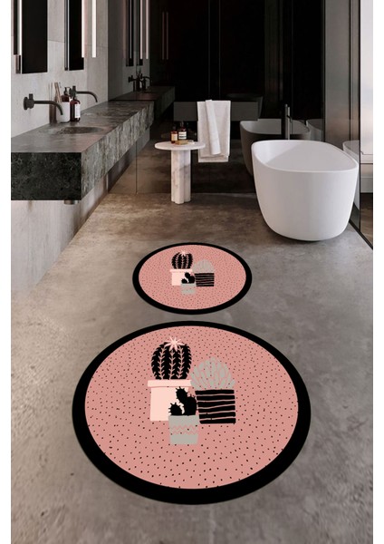 Dijital Baskılı Yıkanabilir Kaktüs Çiçek Desenli Ikili Yuvarlak Banyo Halısı, Klozet-22-Pembe, fiyatları