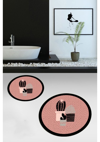 Dijital Baskılı Yıkanabilir Kaktüs Çiçek Desenli Ikili Yuvarlak Banyo Halısı, Klozet-22-Pembe, modelleri