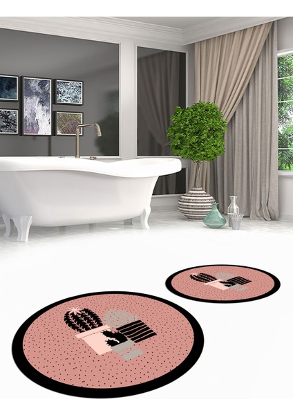 Dijital Baskılı Yıkanabilir Kaktüs Çiçek Desenli Ikili Yuvarlak Banyo Halısı, Klozet-22-Pembe, fırsatları