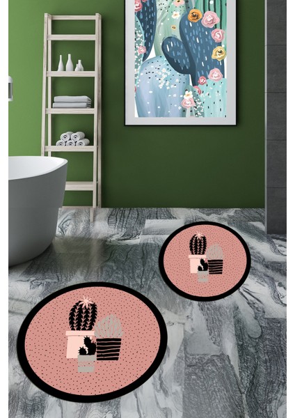 Dijital Baskılı Yıkanabilir Kaktüs Çiçek Desenli Ikili Yuvarlak Banyo Halısı, Klozet-22-Pembe, indirimleri