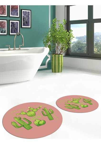 Dijital Baskılı Yıkanabilir Kaktüs Desenli Ikili Yuvarlak Banyo Halısı Paspas, Klozet-23-Pembe,