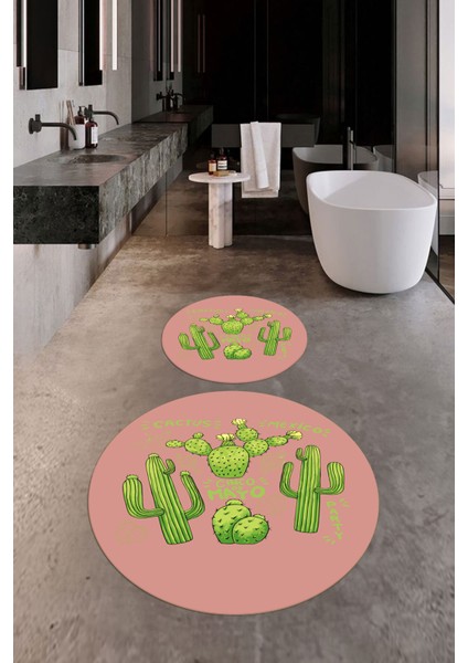 Dijital Baskılı Yıkanabilir Kaktüs Desenli Ikili Yuvarlak Banyo Halısı Paspas, Klozet-23-Pembe, fiyatları