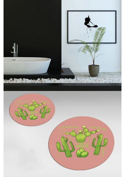 Dijital Baskılı Yıkanabilir Kaktüs Desenli Ikili Yuvarlak Banyo Halısı Paspas, Klozet-23-Pembe, modelleri