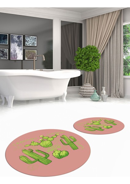 Dijital Baskılı Yıkanabilir Kaktüs Desenli Ikili Yuvarlak Banyo Halısı Paspas, Klozet-23-Pembe, fırsatları