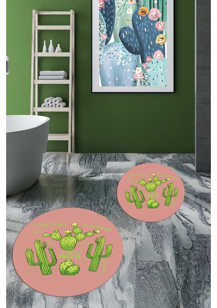 Dijital Baskılı Yıkanabilir Kaktüs Desenli Ikili Yuvarlak Banyo Halısı Paspas, Klozet-23-Pembe, indirimleri