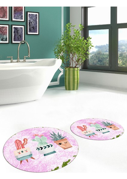 Dijital Baskılı Yıkanabilir Renkli Kaktüs Desenli Ikili Banyo Halısı Yuvarlak, Klozet-24-Pembe,