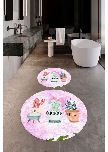 Dijital Baskılı Yıkanabilir Renkli Kaktüs Desenli Ikili Banyo Halısı Yuvarlak, Klozet-24-Pembe, fiyatları