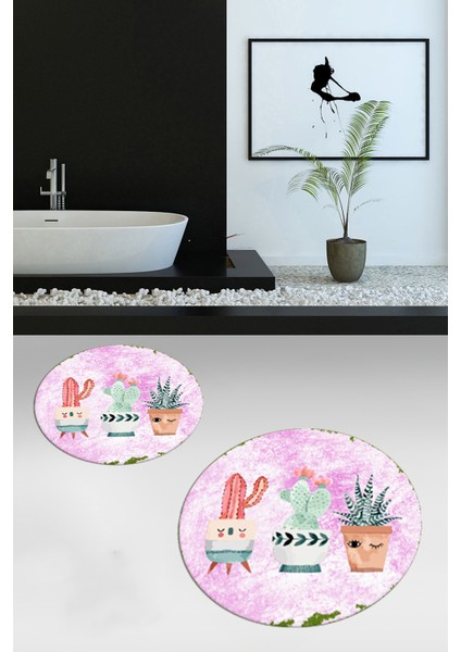 Dijital Baskılı Yıkanabilir Renkli Kaktüs Desenli Ikili Banyo Halısı Yuvarlak, Klozet-24-Pembe, modelleri