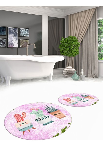 Dijital Baskılı Yıkanabilir Renkli Kaktüs Desenli Ikili Banyo Halısı Yuvarlak, Klozet-24-Pembe, fırsatları