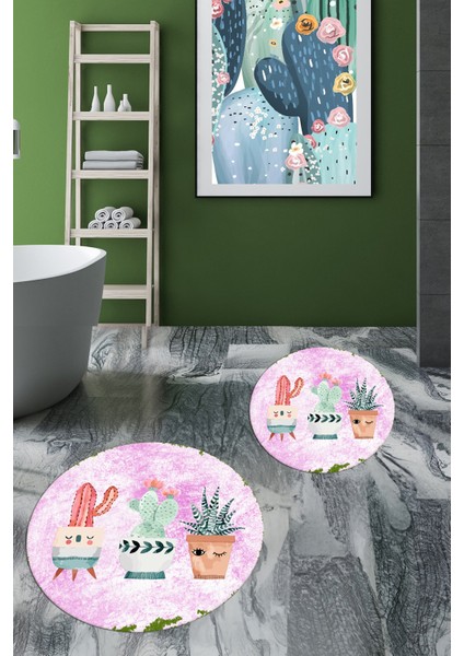 Dijital Baskılı Yıkanabilir Renkli Kaktüs Desenli Ikili Banyo Halısı Yuvarlak, Klozet-24-Pembe, indirimleri