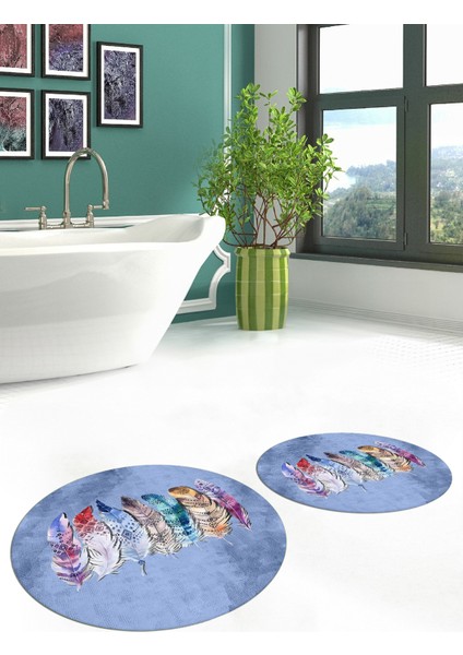 Dijital Baskılı Yıkanabilir Renkli Etnik Yaprak Desen Ikili Banyo Halısı Yuvarlak, Klozet-25-Mavi,