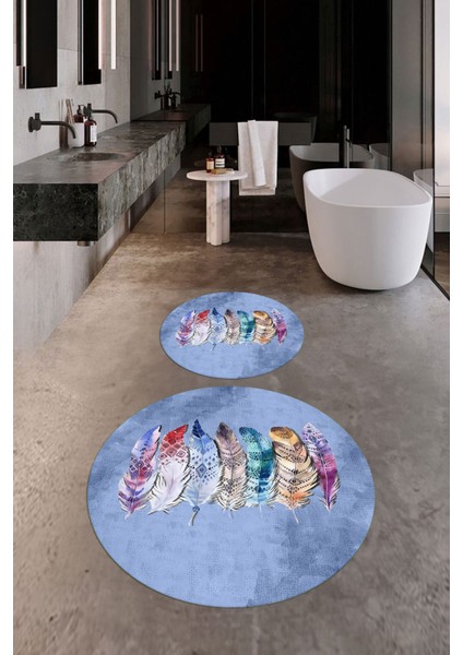 Dijital Baskılı Yıkanabilir Renkli Etnik Yaprak Desen Ikili Banyo Halısı Yuvarlak, Klozet-25-Mavi, fiyatları