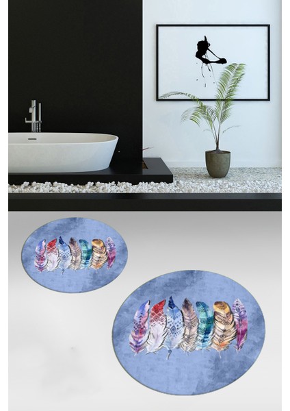 Dijital Baskılı Yıkanabilir Renkli Etnik Yaprak Desen Ikili Banyo Halısı Yuvarlak, Klozet-25-Mavi, modelleri