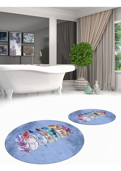 Dijital Baskılı Yıkanabilir Renkli Etnik Yaprak Desen Ikili Banyo Halısı Yuvarlak, Klozet-25-Mavi, fırsatları