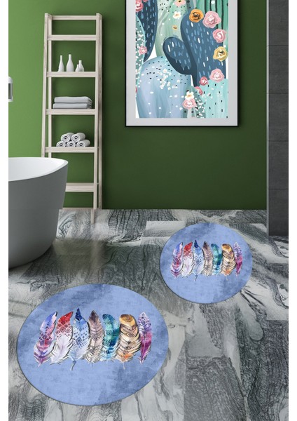 Dijital Baskılı Yıkanabilir Renkli Etnik Yaprak Desen Ikili Banyo Halısı Yuvarlak, Klozet-25-Mavi, indirimleri