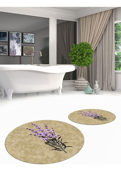 Dijital Baskılı Yıkanabilir Modern Çiçekli Ikili Banyo Halısı Paspas Yuvarlak, Klozet-29-Kahve,