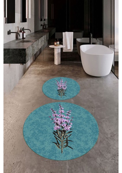 Dijital Baskılı Yıkanabilir Modern Çiçekli Ikili Banyo Halısı Paspas Yuvarlak, Klozet-29-Mavi,