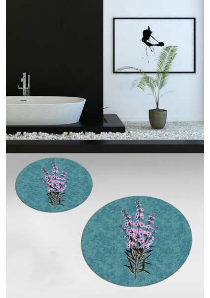 Dijital Baskılı Yıkanabilir Modern Çiçekli Ikili Banyo Halısı Paspas Yuvarlak, Klozet-29-Mavi, fiyatları