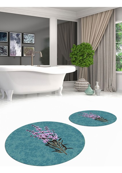 Dijital Baskılı Yıkanabilir Modern Çiçekli Ikili Banyo Halısı Paspas Yuvarlak, Klozet-29-Mavi, modelleri