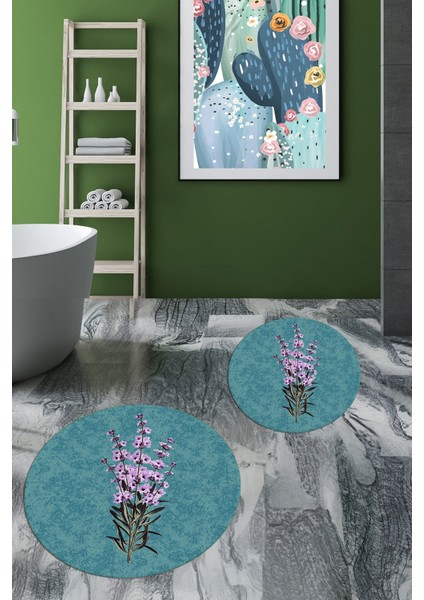 Dijital Baskılı Yıkanabilir Modern Çiçekli Ikili Banyo Halısı Paspas Yuvarlak, Klozet-29-Mavi, fırsatları