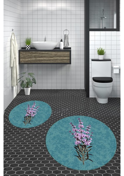 Dijital Baskılı Yıkanabilir Modern Çiçekli Ikili Banyo Halısı Paspas Yuvarlak, Klozet-29-Mavi, indirimleri
