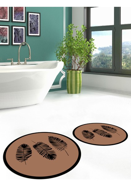 Dijital Baskılı Yıkanabilir Renkli Yapraklı Desen Ikili Banyo Halısı Yuvarlak, Klozet-26-Kahve,