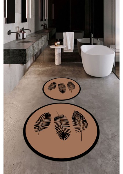 Dijital Baskılı Yıkanabilir Renkli Yapraklı Desen Ikili Banyo Halısı Yuvarlak, Klozet-26-Kahve,