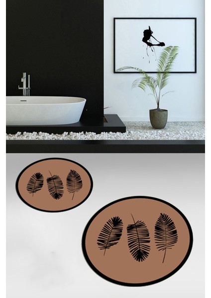 Dijital Baskılı Yıkanabilir Renkli Yapraklı Desen Ikili Banyo Halısı Yuvarlak, Klozet-26-Kahve,
