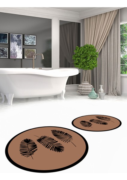Dijital Baskılı Yıkanabilir Renkli Yapraklı Desen Ikili Banyo Halısı Yuvarlak, Klozet-26-Kahve,