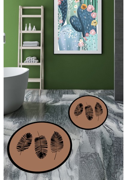 Dijital Baskılı Yıkanabilir Renkli Yapraklı Desen Ikili Banyo Halısı Yuvarlak, Klozet-26-Kahve,