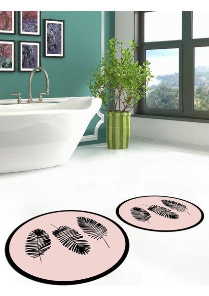 Dijital Baskılı Yıkanabilir Renkli Yapraklı Desen Ikili Banyo Halısı Yuvarlak, Klozet-26-Pembe,