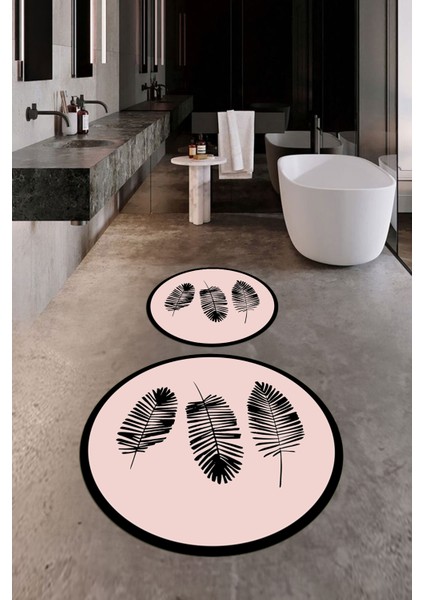 Dijital Baskılı Yıkanabilir Renkli Yapraklı Desen Ikili Banyo Halısı Yuvarlak, Klozet-26-Pembe, fiyatları