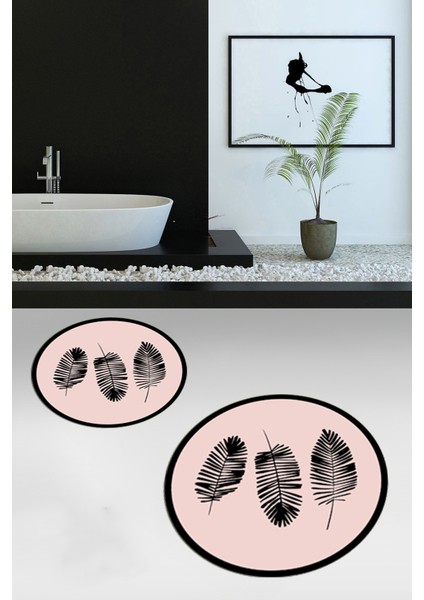 Dijital Baskılı Yıkanabilir Renkli Yapraklı Desen Ikili Banyo Halısı Yuvarlak, Klozet-26-Pembe, modelleri