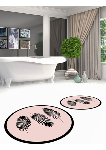 Dijital Baskılı Yıkanabilir Renkli Yapraklı Desen Ikili Banyo Halısı Yuvarlak, Klozet-26-Pembe, fırsatları