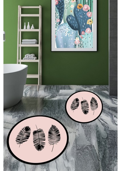 Dijital Baskılı Yıkanabilir Renkli Yapraklı Desen Ikili Banyo Halısı Yuvarlak, Klozet-26-Pembe, indirimleri