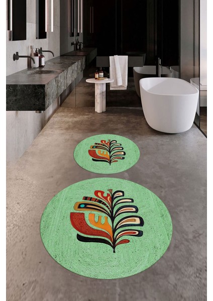 Dijital Baskılı Yıkanabilir Renkli Yaprak Desen Ikili Banyo Halısı Yuvarlak, Klozet-27-Yeşil,