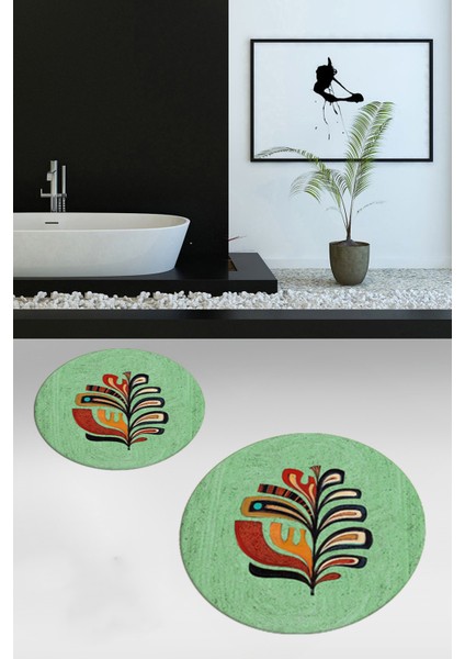 Dijital Baskılı Yıkanabilir Renkli Yaprak Desen Ikili Banyo Halısı Yuvarlak, Klozet-27-Yeşil,