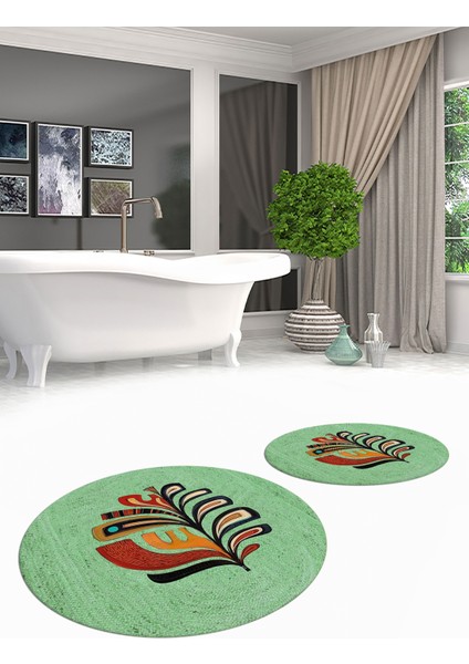 Dijital Baskılı Yıkanabilir Renkli Yaprak Desen Ikili Banyo Halısı Yuvarlak, Klozet-27-Yeşil,