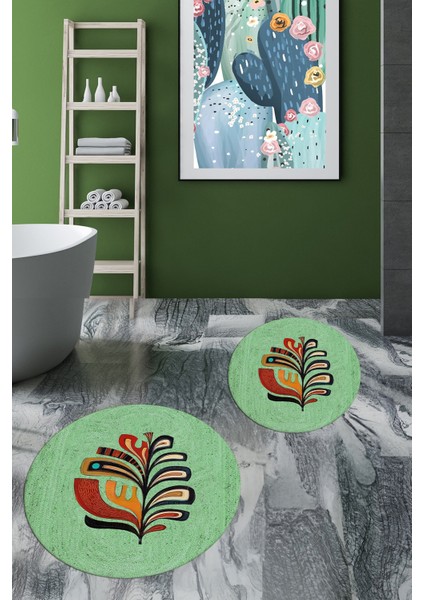 Dijital Baskılı Yıkanabilir Renkli Yaprak Desen Ikili Banyo Halısı Yuvarlak, Klozet-27-Yeşil,