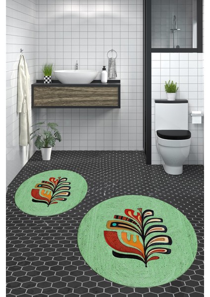 Dijital Baskılı Yıkanabilir Renkli Yaprak Desen Ikili Banyo Halısı Yuvarlak, Klozet-27-Yeşil,
