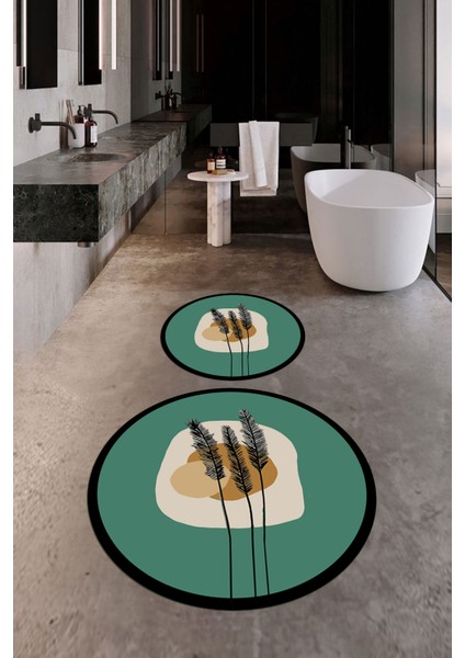 Dijital Baskılı Yıkanabilir Renkli Çiçekli Ikili Banyo Halısı Paspas Yuvarlak, Klozet-28-Yeşil,